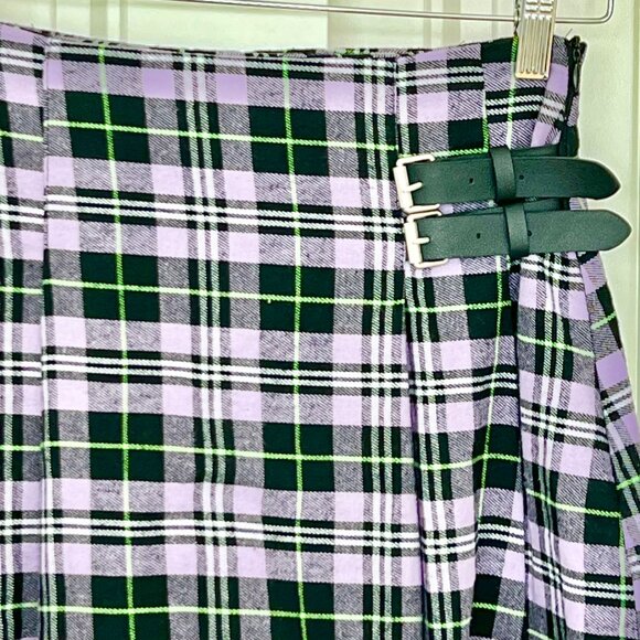 Shein Black & Purple Plaid Flannel Buckle Wrap Pleated Mini Skirt Size Small - Picture 2 of 5